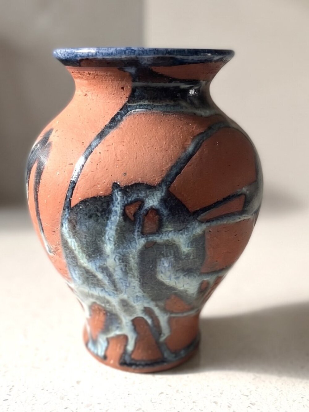 SIGNED Prisca Studio Pottery Vase Blue Drip Glaze Terracotta Art Ceramic 7.5”